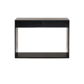 Front view of a modern minimalist console in black mahogany with two slim drawers and an open rectangular base shelf against a white background.