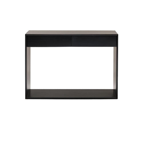 Front view of a modern minimalist console in black mahogany with two slim drawers and an open rectangular base shelf against a white background.