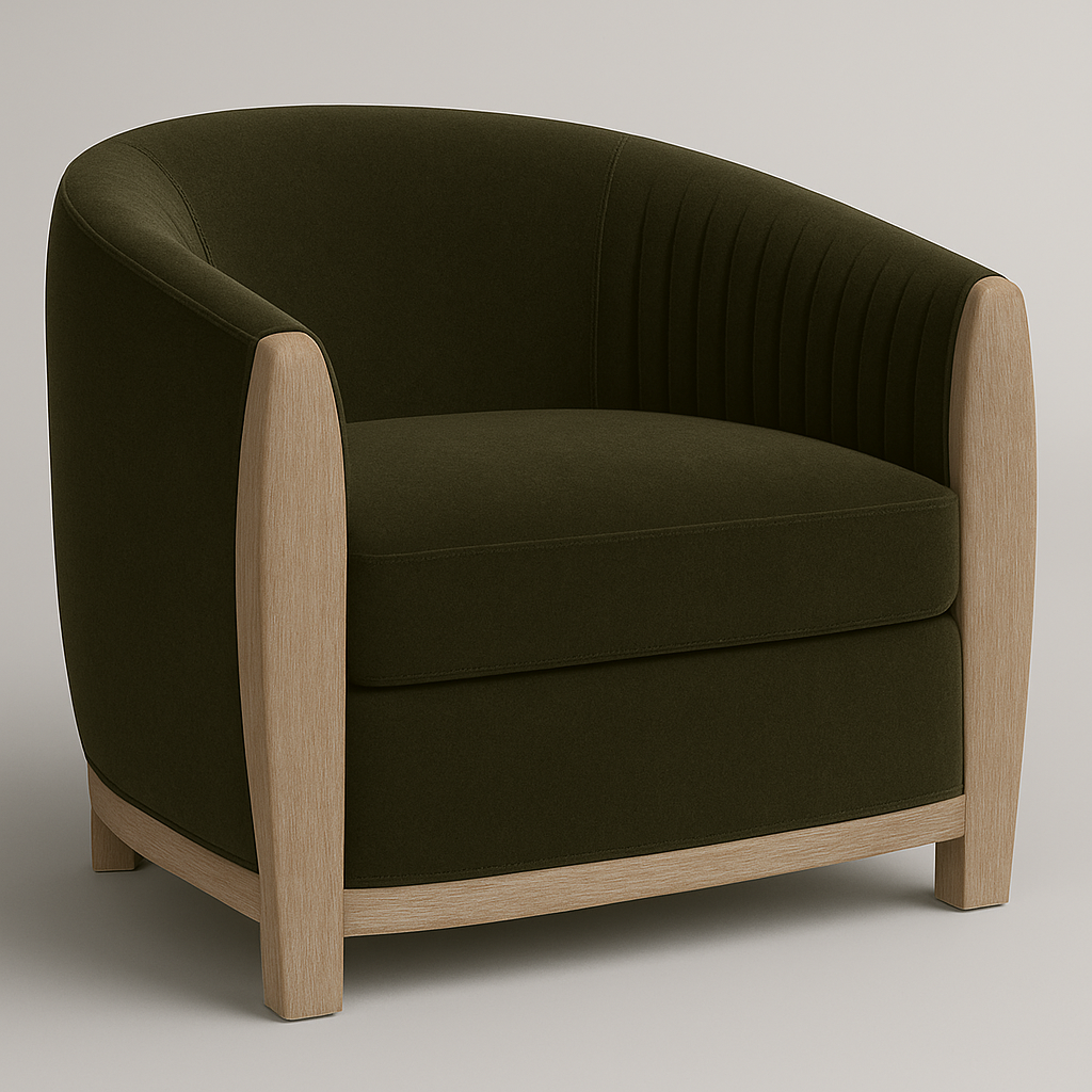 Three-quarter view of an olive velvet barrel accent chair with a natural wood frame and legs, plush cushioned seat, rounded back and subtle vertical channel stitching along the inner back for a modern living room.