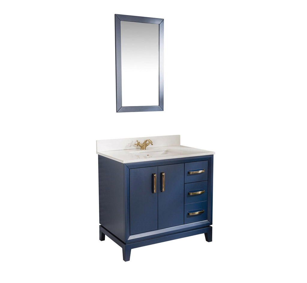 Freestanding navy solid wood single-sink bathroom vanity (35.25 in.) with white stone top and integrated ceramic sink, brass faucet and hardware, two central doors and three right-side drawers, shown with a matching framed mirror.