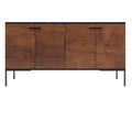 Mid-century modern teak sideboard with four doors, warm natural wood grain finish, slim black iron handles and black metal legs, shown against a white background.