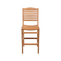 Front view of an armless outdoor bar stool in natural teak, featuring a curved slatted seat, horizontal slatted back, and solid wood coastal-style frame.