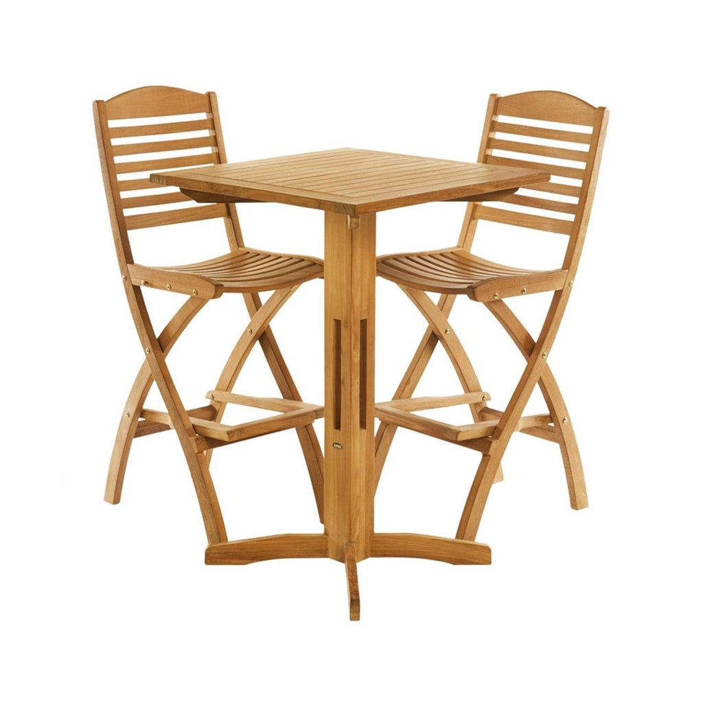 Square slatted teak bar table paired with two folding armless teak bar stools in natural finish, featuring slatted backs, curved slatted seats and X-shaped folding supports for a coastal outdoor seating set.