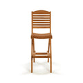 Front view of a natural teak folding armless outdoor bar stool with a horizontal slatted back, curved slatted seat and built-in footrest in a warm natural teak finish.