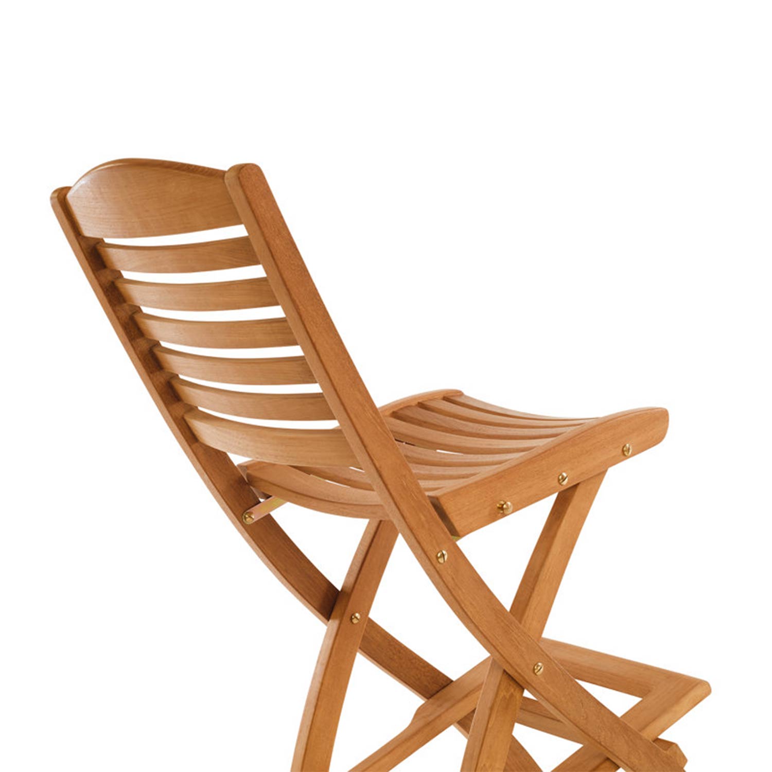 Armless folding outdoor bar stool in natural teak with a slatted curved seat and back, solid wood X-frame base and brass hardware, coastal-style design shown on a white background.