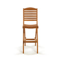 Front view of a natural teak folding armless outdoor bar stool with a horizontal slatted back, curved slatted seat and built-in footrest in a warm natural teak finish.