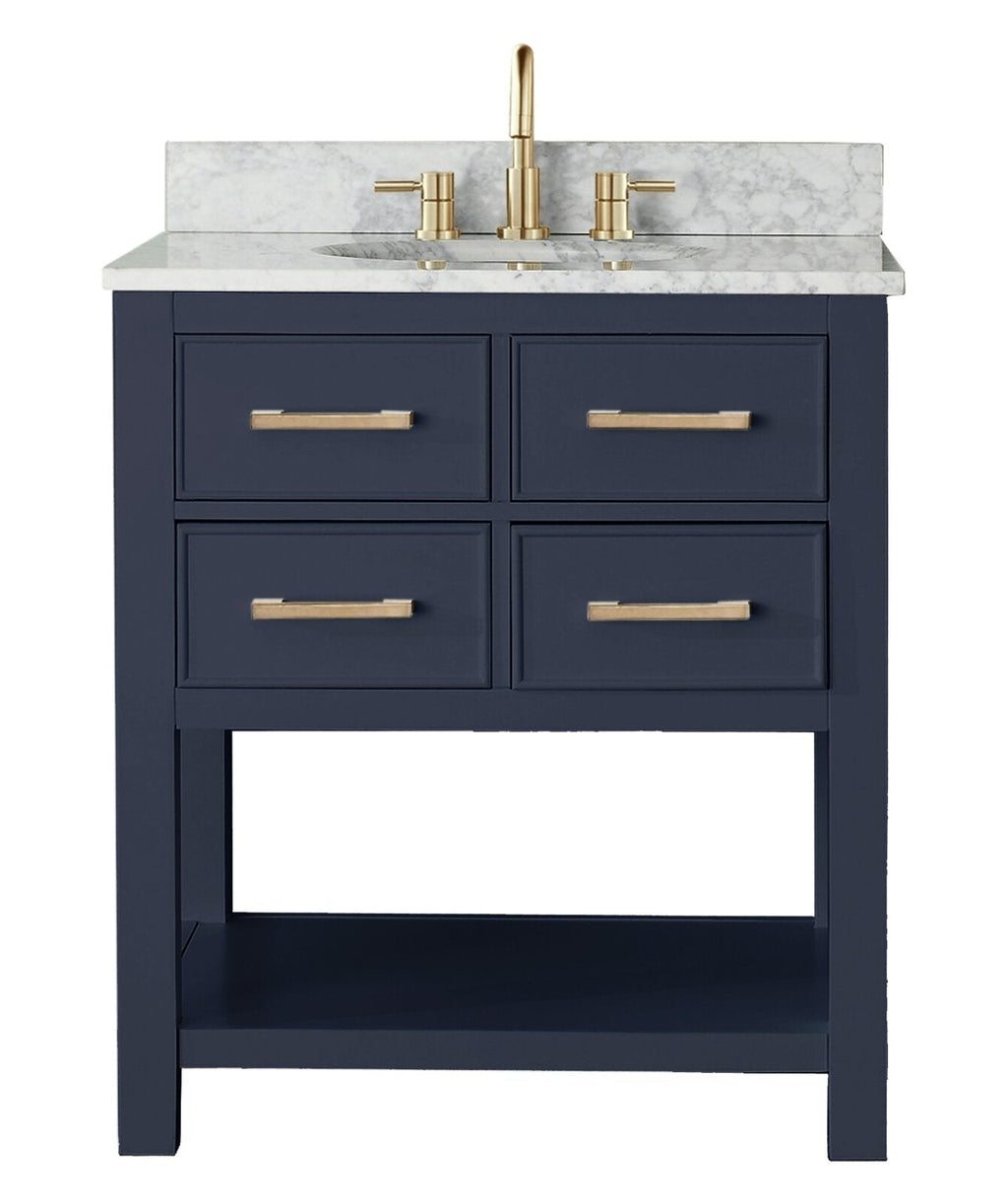 31-inch freestanding modern navy solid wood single-sink bathroom vanity with white marble stone top and backsplash, undermount basin, brushed gold widespread faucet and four drawers with gold bar pulls above an open shelf.