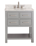 Freestanding solid wood single-sink bathroom vanity in stone gray with a white marble-look stone top and undermount ceramic sink, brushed nickel faucet and rectangular bar pulls, four drawers and open bottom shelf.