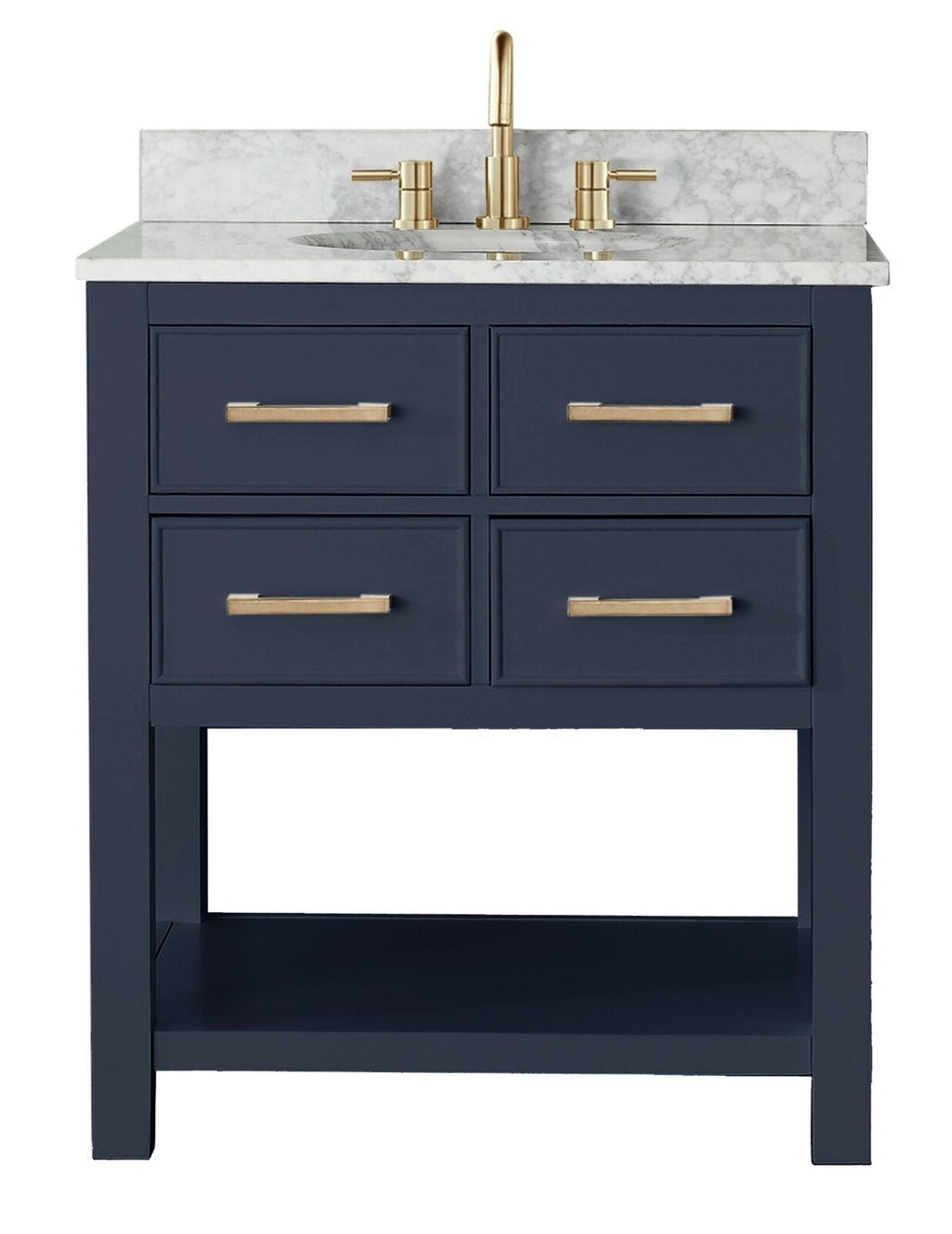 Freestanding modern solid wood bathroom vanity with a stone marble top and integrated ceramic sink, navy-blue painted cabinet with four drawers, open bottom shelf, and gold-tone faucet and matching bar handles.