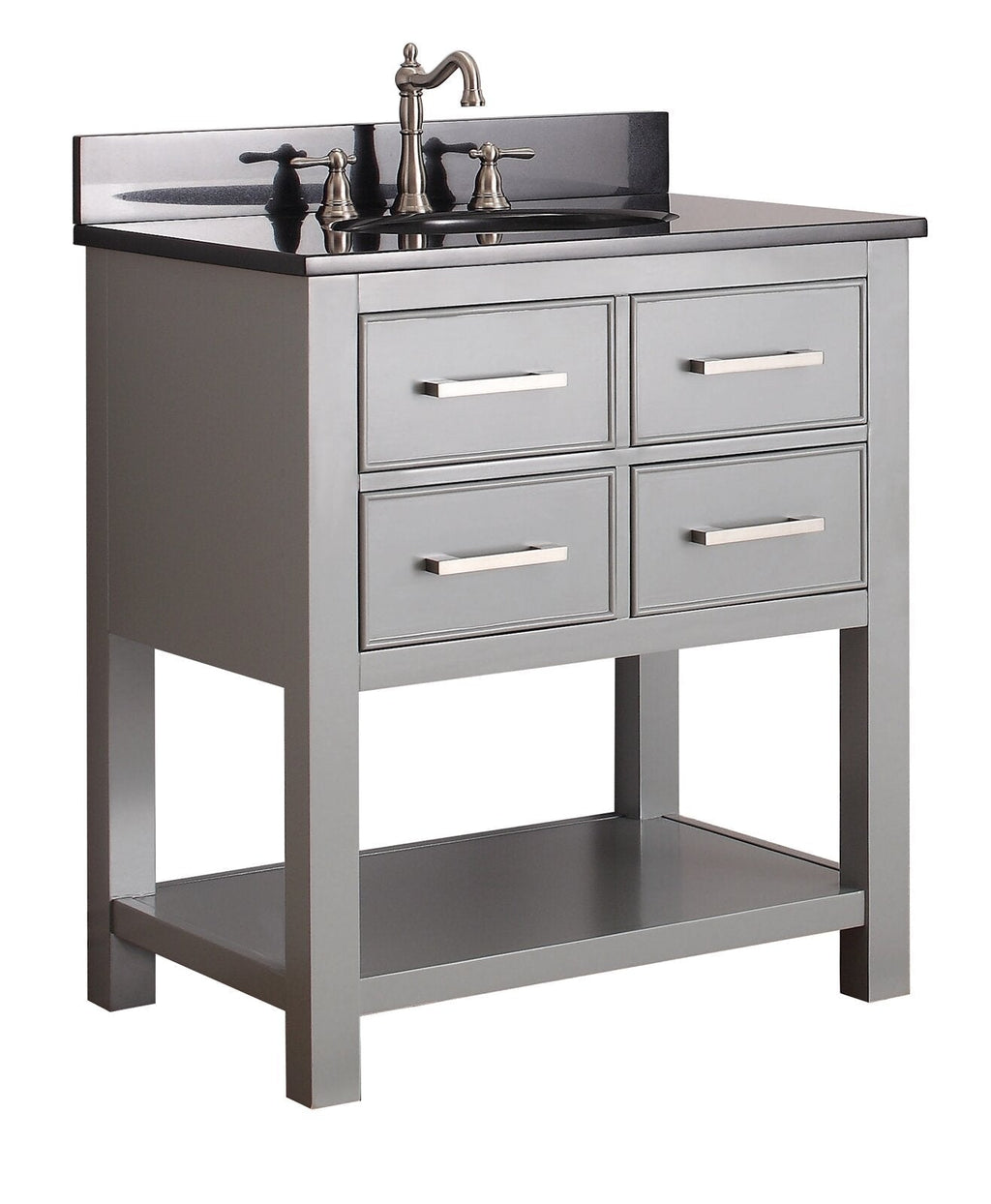 Freestanding modern bathroom vanity in stone-gray solid wood with a dark stone countertop and integrated black ceramic sink, four drawers with brushed metal pulls, brushed-nickel faucet, and open lower shelf.