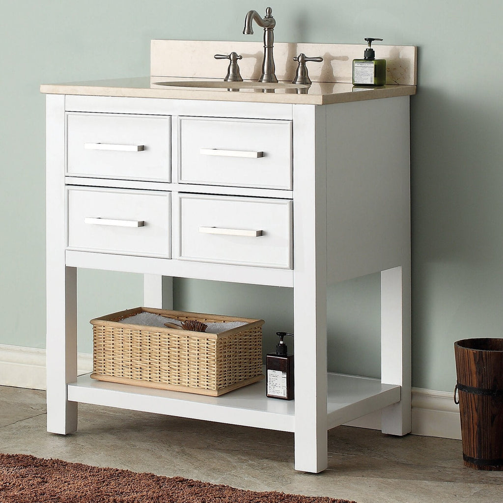 31-inch modern solid wood bathroom vanity in stone color with beige stone countertop and undermount sink, brushed-nickel faucet, four drawer fronts and lower open shelf holding a wicker basket and soap dispenser.