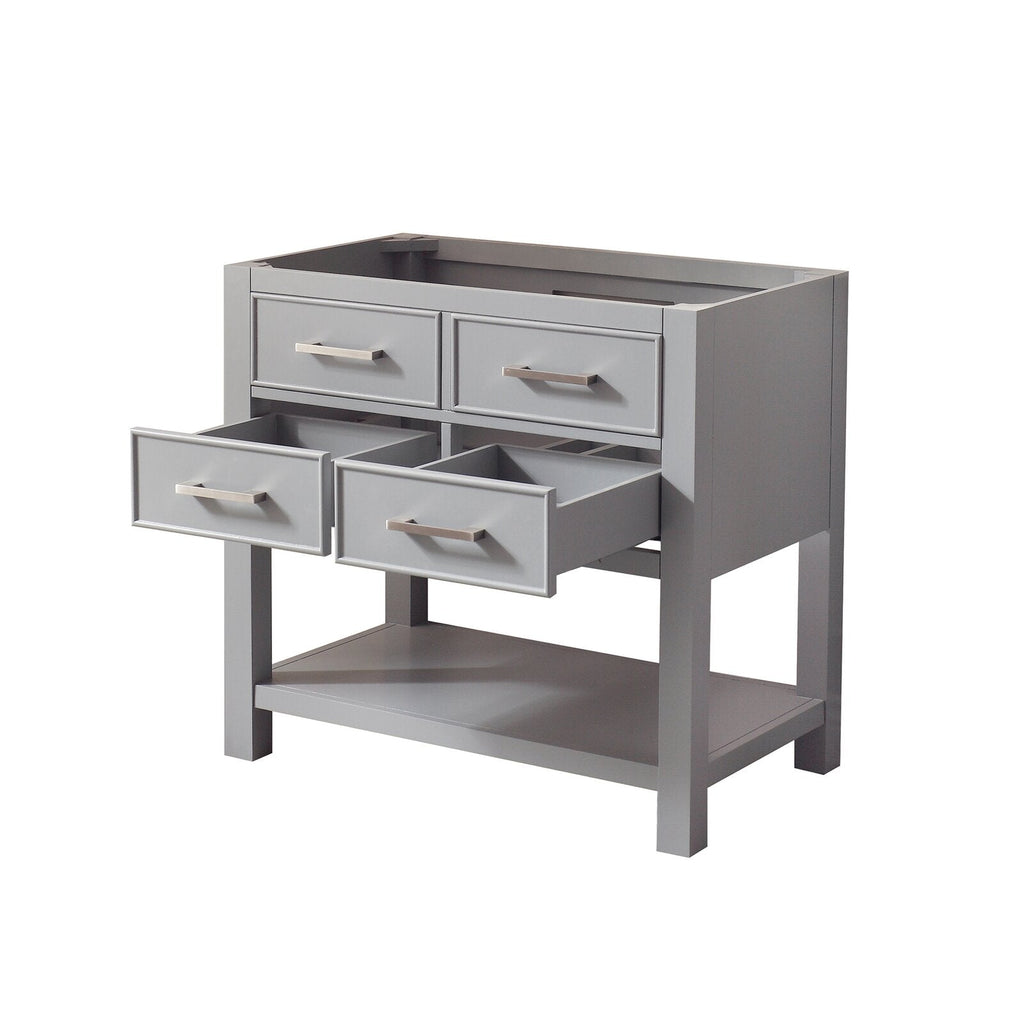 Modern 31-inch solid wood freestanding bathroom vanity in stone gray, shown as a base with four drawers (two open), an open lower shelf and brushed metal handles, displayed without a countertop or sink.