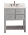 Freestanding solid wood single-sink bathroom vanity in stone gray with a white marble-look stone top and undermount ceramic sink, brushed nickel faucet and rectangular bar pulls, four drawers and open bottom shelf.