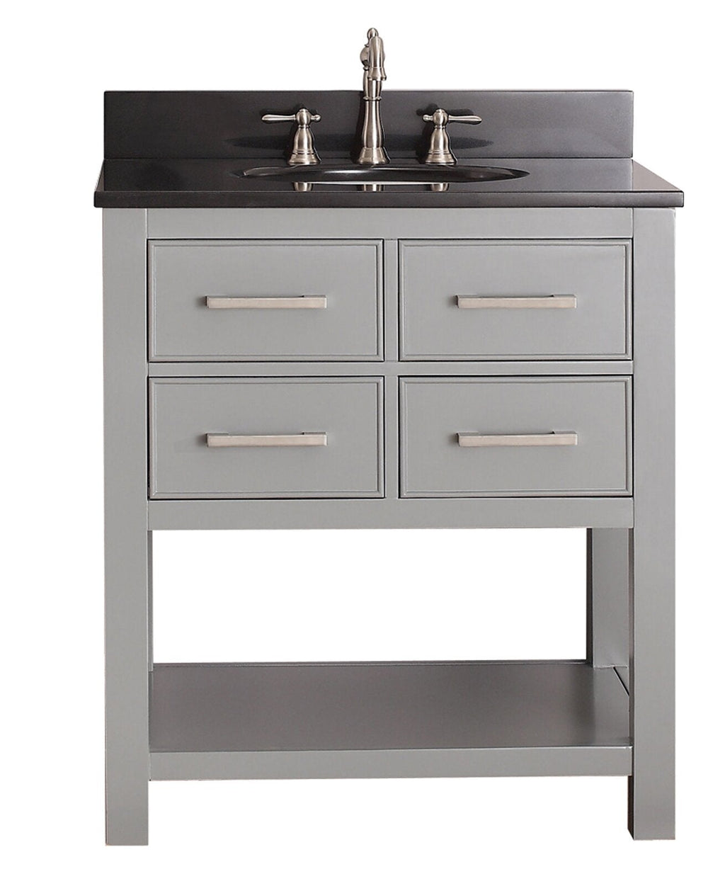 Stone-gray solid wood single-sink bathroom vanity with dark stone countertop, undermount ceramic sink, brushed nickel faucet, four rectangular drawer fronts with bar pulls, and an open lower shelf.