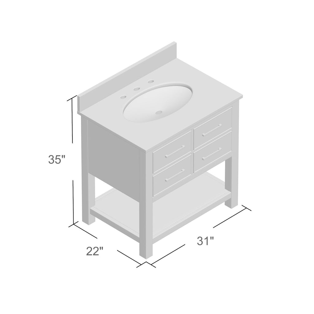 Isometric diagram of a 31" x 22" x 35" freestanding modern solid wood bathroom vanity in stone finish with a stone top, oval ceramic sink with three faucet holes, four front drawers and an open lower shelf.