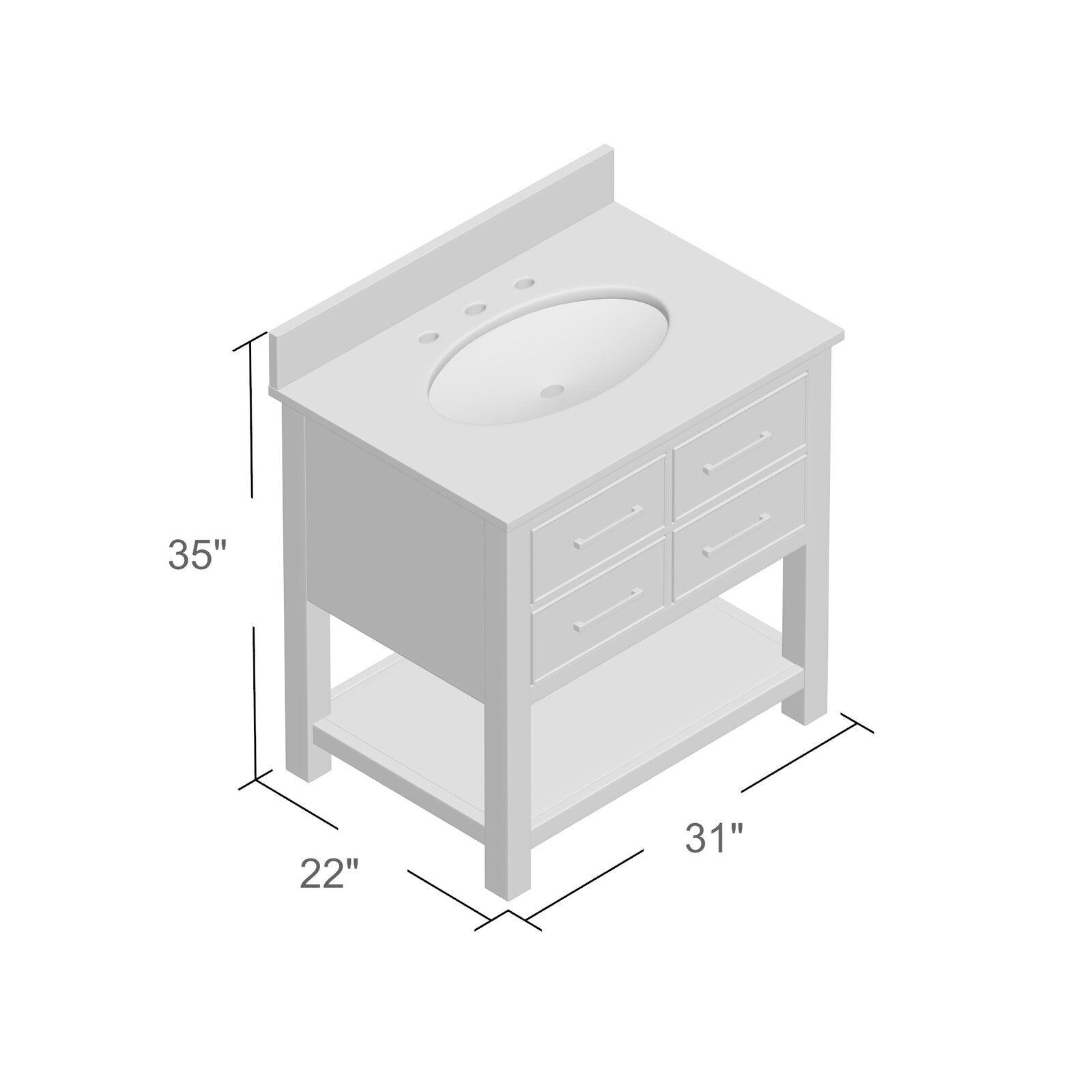 Isometric rendering of a modern solid wood bathroom vanity in stone finish, 31" W x 22" D x 35" H, featuring an oval ceramic sink with three faucet holes, backsplash, four front drawers, open lower shelf and square legs.