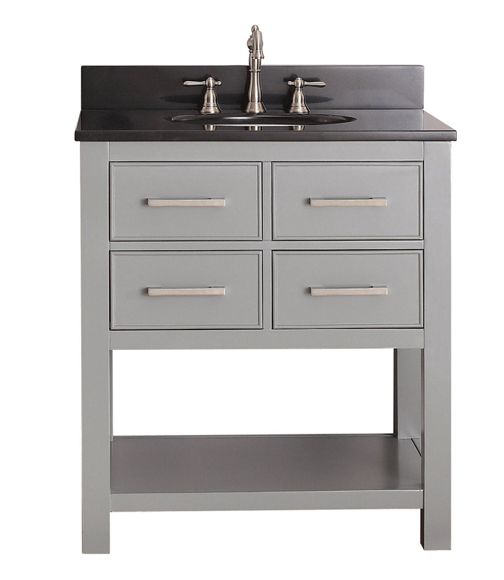 Modern gray solid wood 31-inch single-sink bathroom vanity with dark stone top and low backsplash, undermount sink, brushed nickel faucet, four drawers with horizontal pulls and an open bottom shelf.