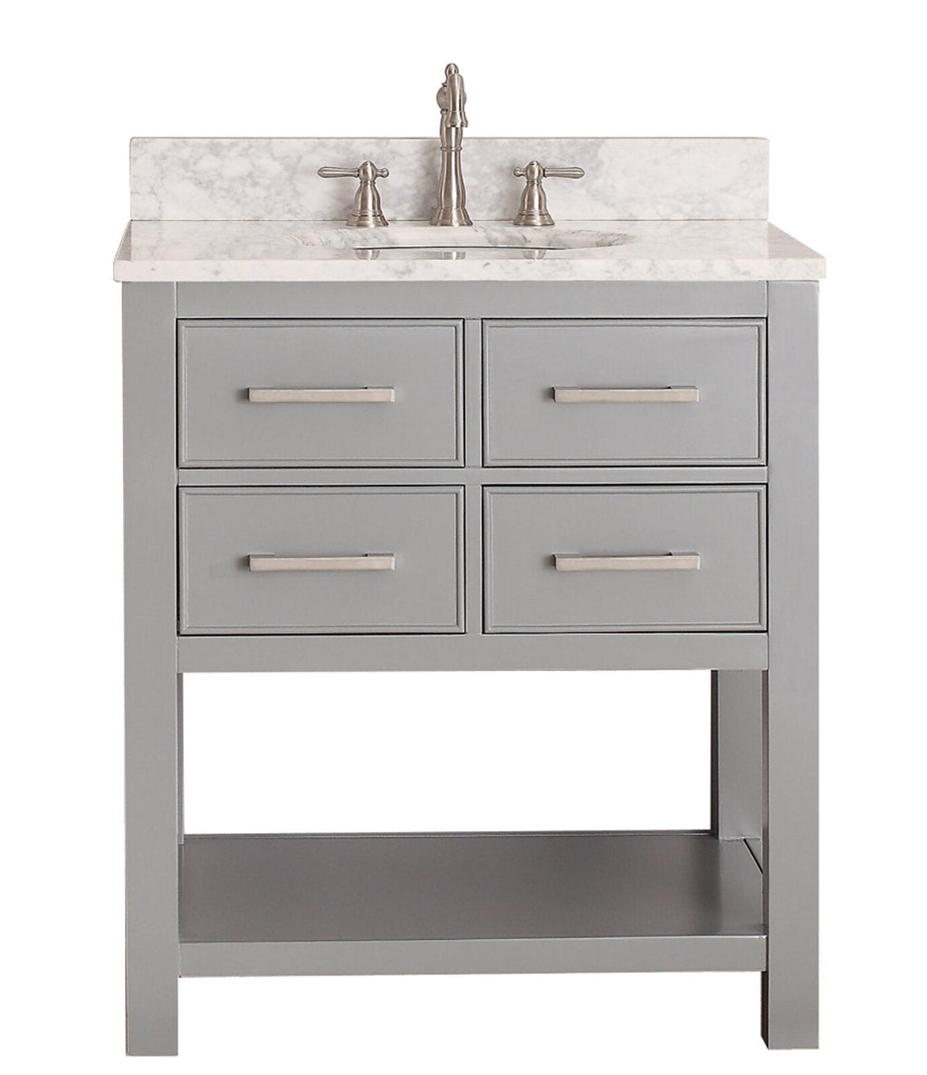 31-inch modern freestanding bathroom vanity with a stone marble top and integrated ceramic sink, gray solid wood base with four drawer fronts, brushed nickel bar pulls, center faucet and open bottom shelf.