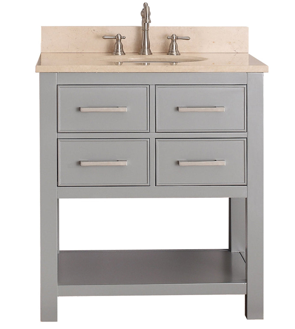 Freestanding modern gray wooden single-sink bathroom vanity with a stone countertop and integrated ceramic basin, four drawer fronts with brushed nickel bar pulls, open bottom shelf and center-set brushed nickel faucet.