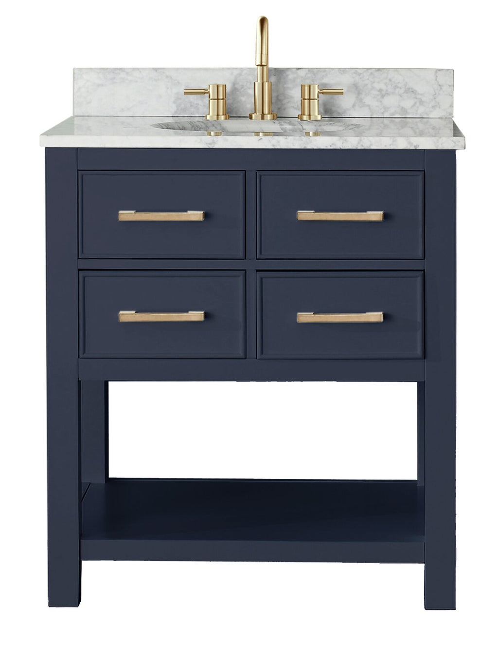 Freestanding modern solid wood bathroom vanity with a stone marble top and integrated ceramic sink, navy-blue painted cabinet with four drawers, open bottom shelf, and gold-tone faucet and matching bar handles.