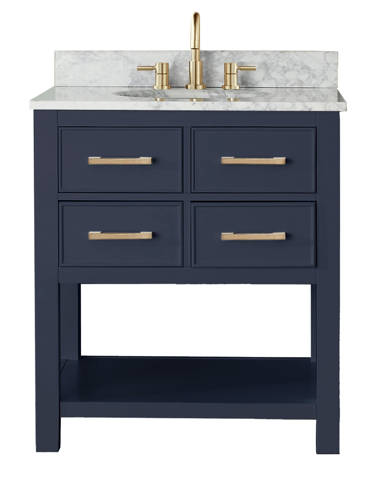Freestanding modern solid wood bathroom vanity with a stone marble top and integrated ceramic sink, navy-blue painted cabinet with four drawers, open bottom shelf, and gold-tone faucet and matching bar handles.