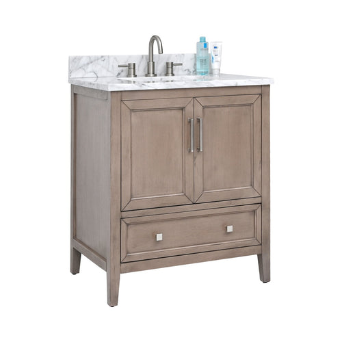 Freestanding modern solid wood 31-inch bathroom vanity in stone finish with a white marble-look stone top and backsplash, integrated ceramic sink, brushed nickel faucet and hardware, two doors and a lower storage drawer.