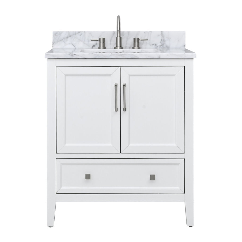 Freestanding modern single-sink vanity with a solid wood white cabinet, marble-look stone countertop and backsplash, center brushed-nickel faucet, integrated ceramic sink, two framed doors with bar pulls and a lower drawer with square knobs.
