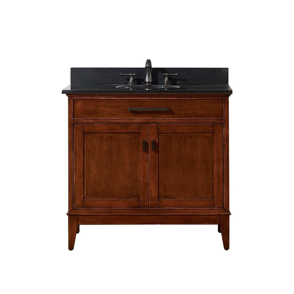 37-inch solid wood single-sink bathroom vanity in brown finish with a dark stone countertop and ceramic basin, featuring dark metal faucet and handles, freestanding modern-contemporary cabinet with storage and soft-close doors.