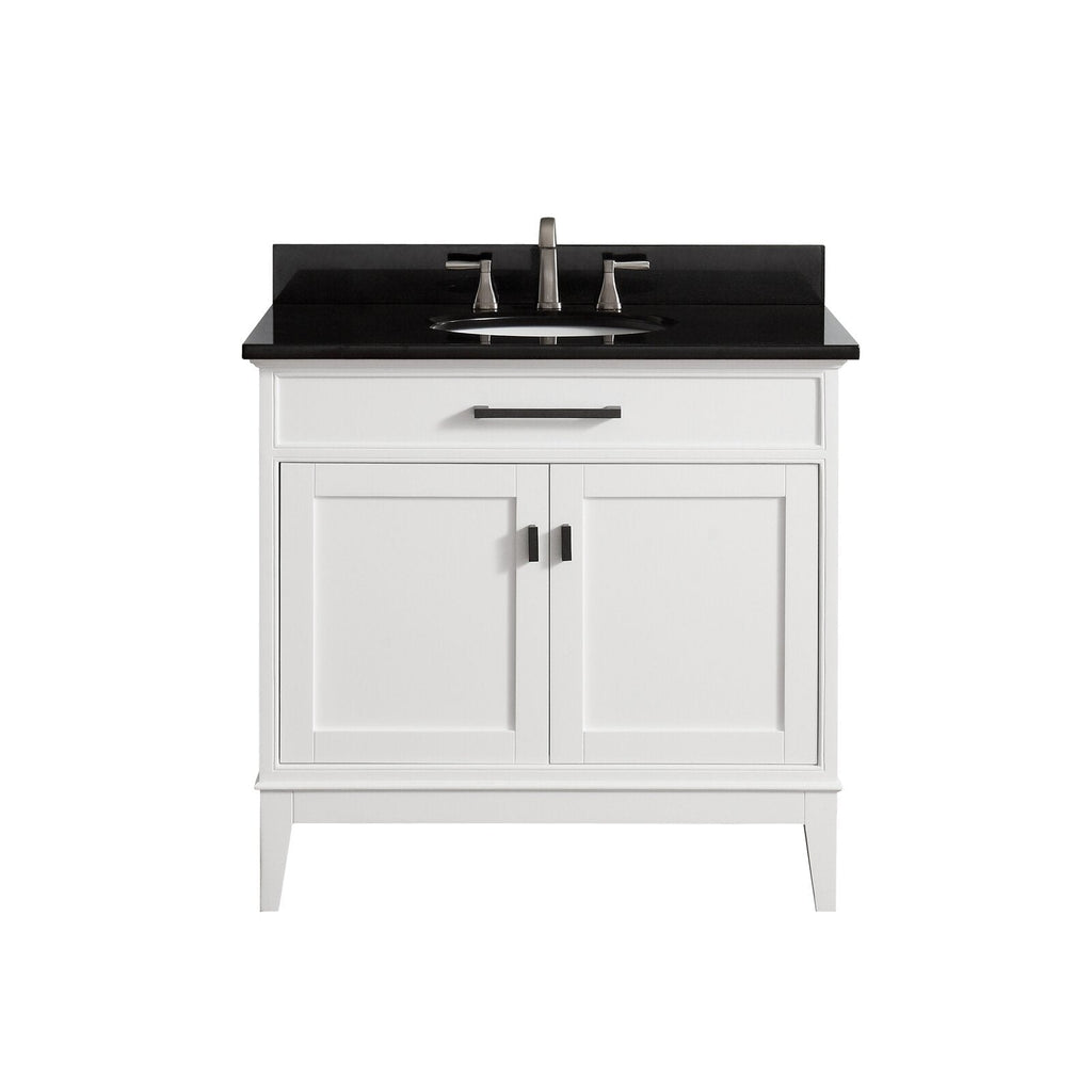 37-inch modern solid wood bathroom vanity in white with a dark stone countertop, single undermount ceramic sink, center faucet, top drawer and two-door storage with matte black hardware.