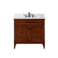 37-inch solid wood bathroom vanity in rich brown with a white marble stone top, single undermount sink, dark metal faucet and hardware, one drawer and two-door storage in a modern freestanding design.
