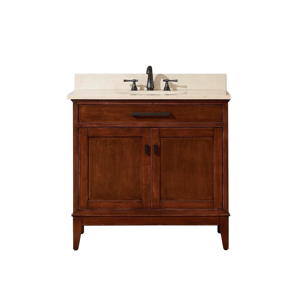 Front view of a freestanding 37-inch solid wood bathroom vanity in rich brown with a light stone marble top, single ceramic sink, oil-rubbed bronze faucet and hardware, one drawer and two-door storage.