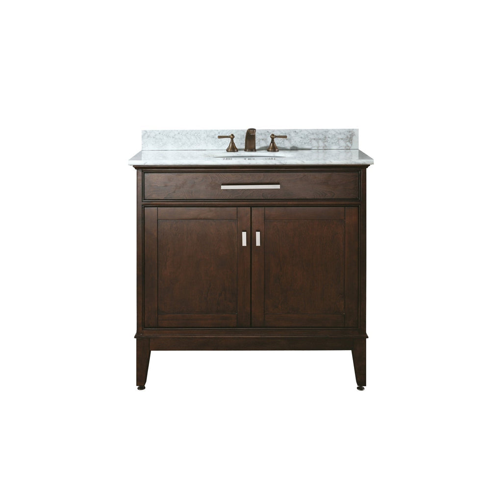 Freestanding 37-inch modern solid wood bathroom vanity in dark brown with a white marble stone top, single undermount ceramic sink, bronze two-handle faucet, and soft-close double-door storage.