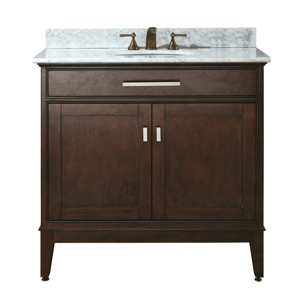 Freestanding 37-inch modern solid wood bathroom vanity with a dark wood cabinet, white stone marble top with integrated single sink, one drawer and two-door storage with metal handles.