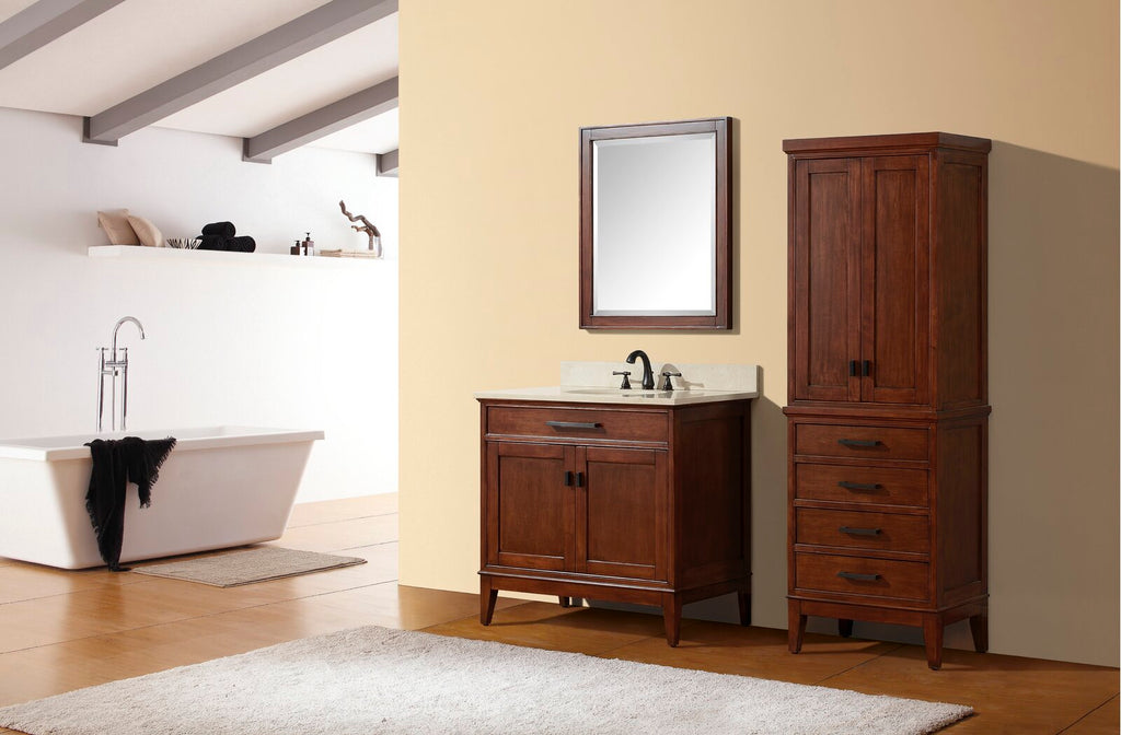 37-inch solid wood single-sink bathroom vanity in warm brown with a light stone countertop, dark metal faucet, matching framed mirror and a tall storage cabinet beside a freestanding bathtub in a modern bath setting.