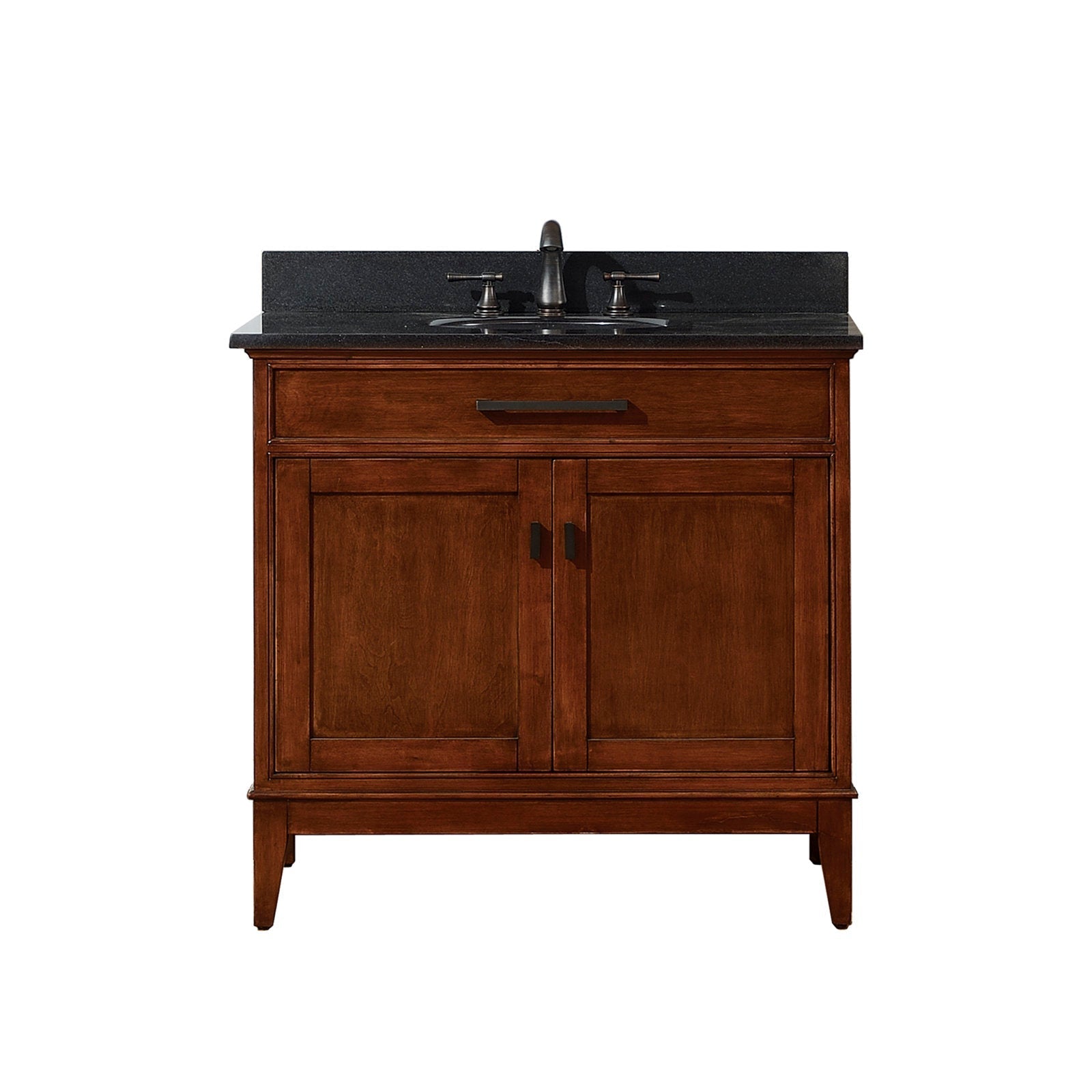 37-inch solid wood single-sink bathroom vanity in brown finish with a dark stone countertop and ceramic basin, featuring dark metal faucet and handles, freestanding modern-contemporary cabinet with storage and soft-close doors.