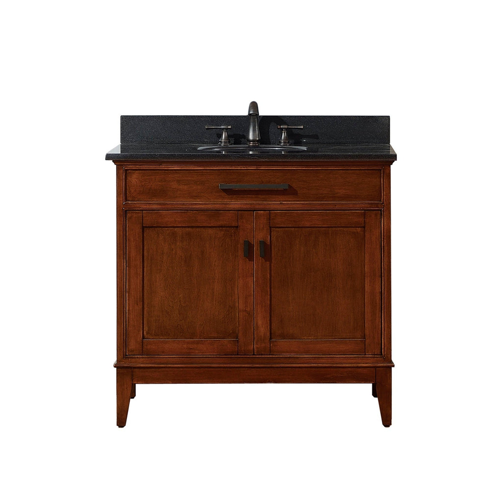 37-inch solid wood single-sink bathroom vanity in brown finish with a dark stone countertop and ceramic basin, featuring dark metal faucet and handles, freestanding modern-contemporary cabinet with storage and soft-close doors.