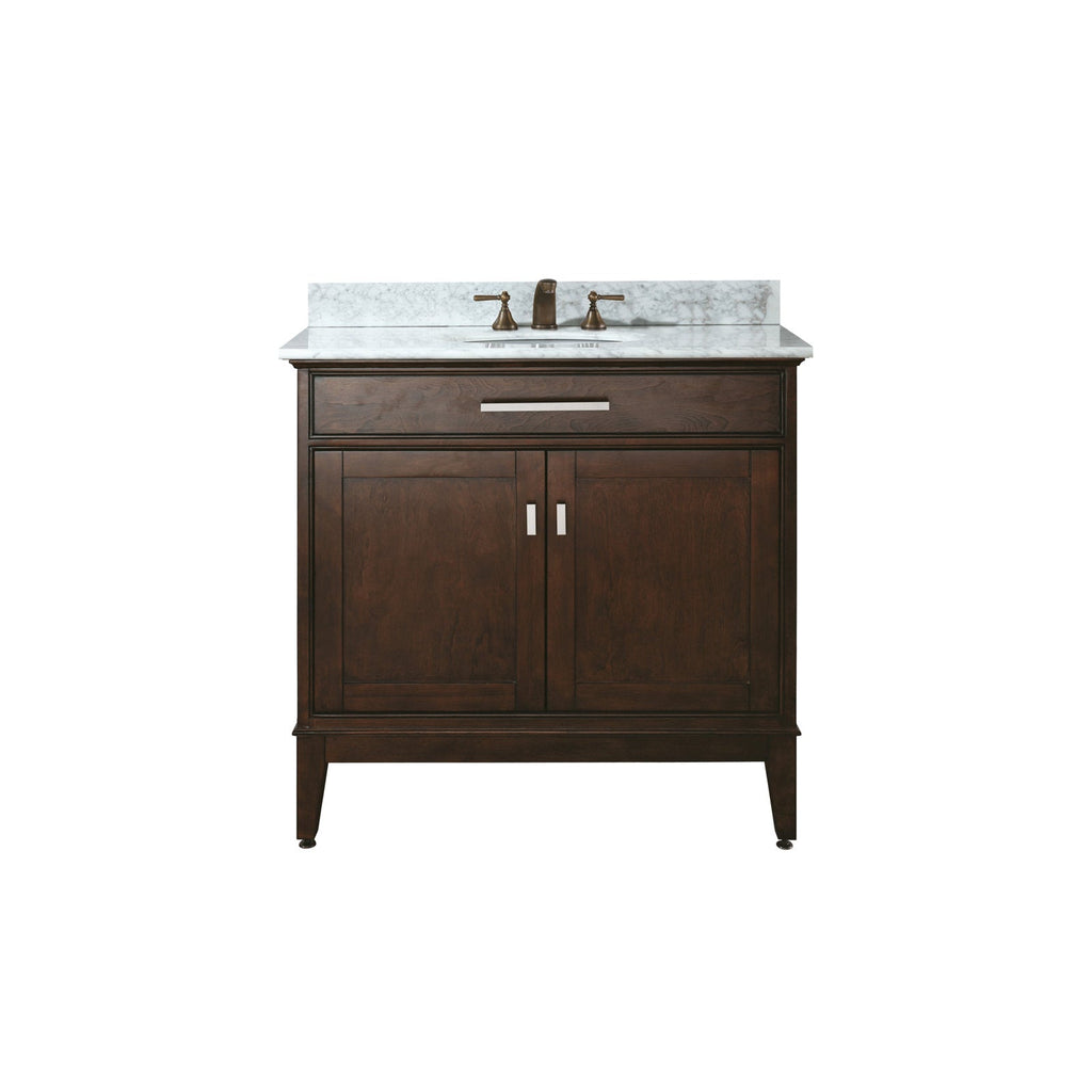 Freestanding 37-inch modern solid wood bathroom vanity in dark brown with a white marble stone top, single undermount ceramic sink, bronze two-handle faucet, and soft-close double-door storage.