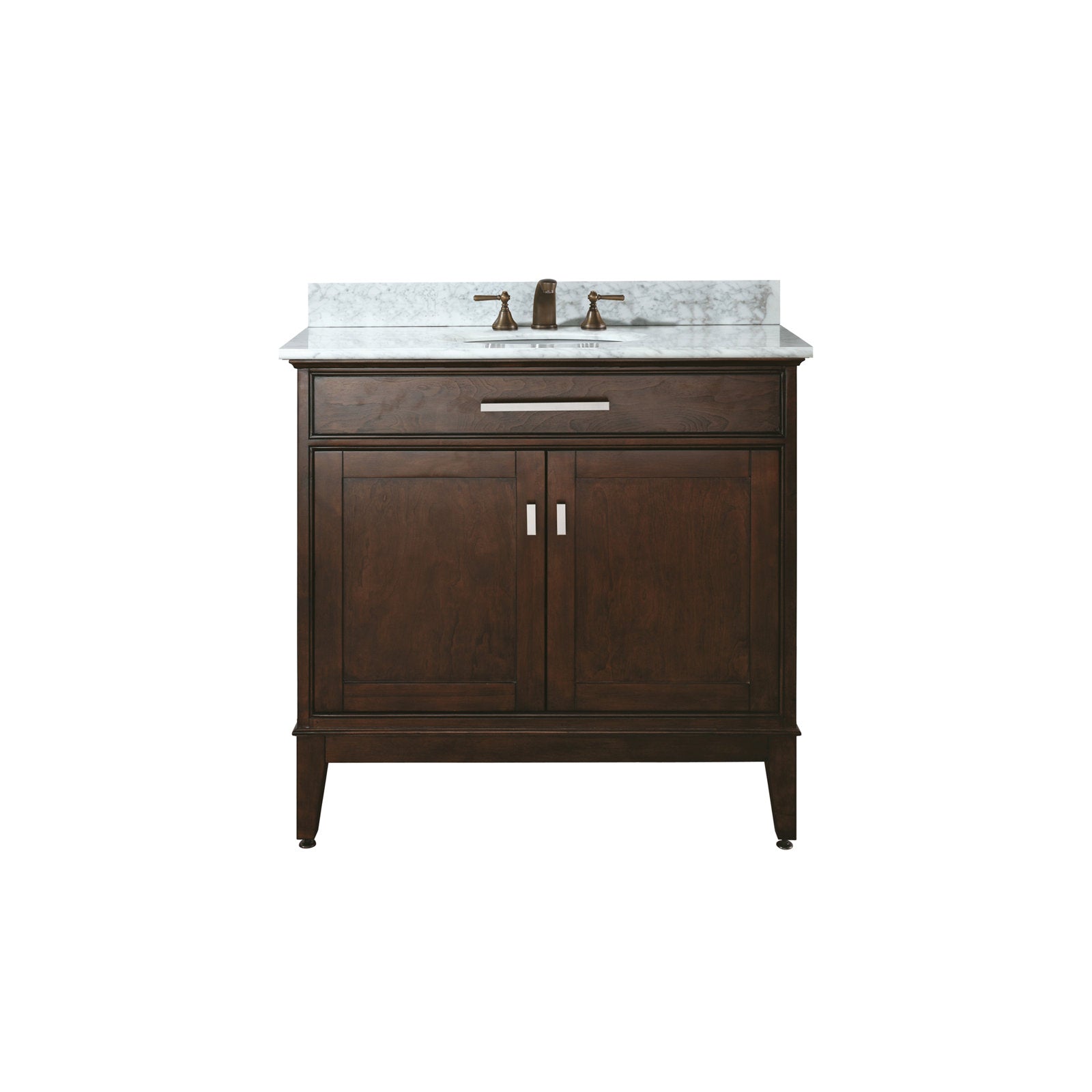 Freestanding 37-inch modern solid wood bathroom vanity in dark brown with a white marble stone top, single undermount ceramic sink, bronze two-handle faucet, and soft-close double-door storage.