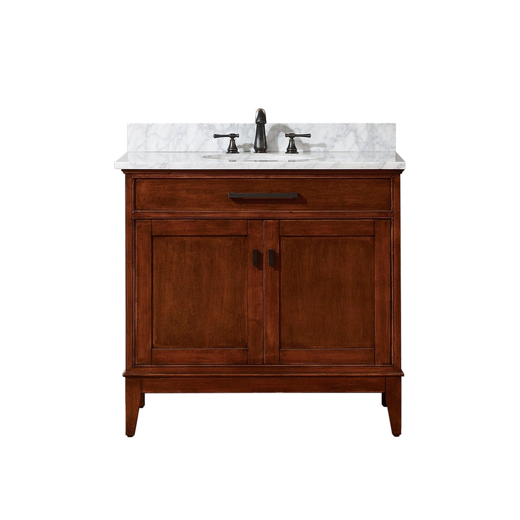 37-inch solid wood bathroom vanity in rich brown with a white marble stone top, single undermount sink, dark metal faucet and hardware, one drawer and two-door storage in a modern freestanding design.
