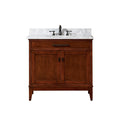 37-inch solid wood bathroom vanity in rich brown with a white marble stone top, single undermount sink, dark metal faucet and hardware, one drawer and two-door storage in a modern freestanding design.