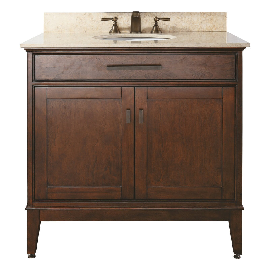 37-inch freestanding solid wood bathroom vanity in warm brown finish with a stone marble top, oval undermount white sink and brass widespread faucet, single shallow top drawer above two cabinet doors with metal pulls.