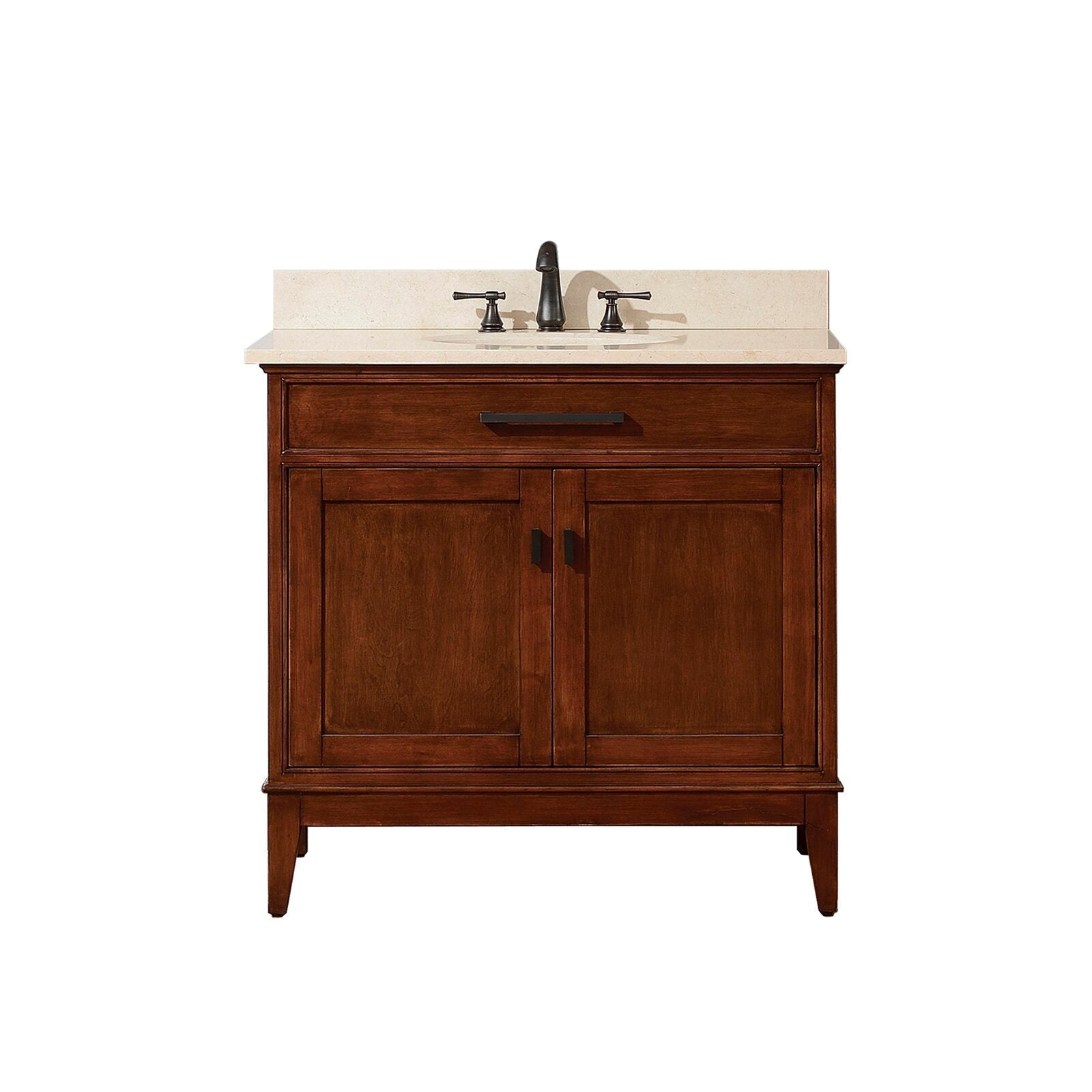 Front view of a freestanding 37-inch solid wood bathroom vanity in rich brown with a light stone marble top, single ceramic sink, oil-rubbed bronze faucet and hardware, one drawer and two-door storage.