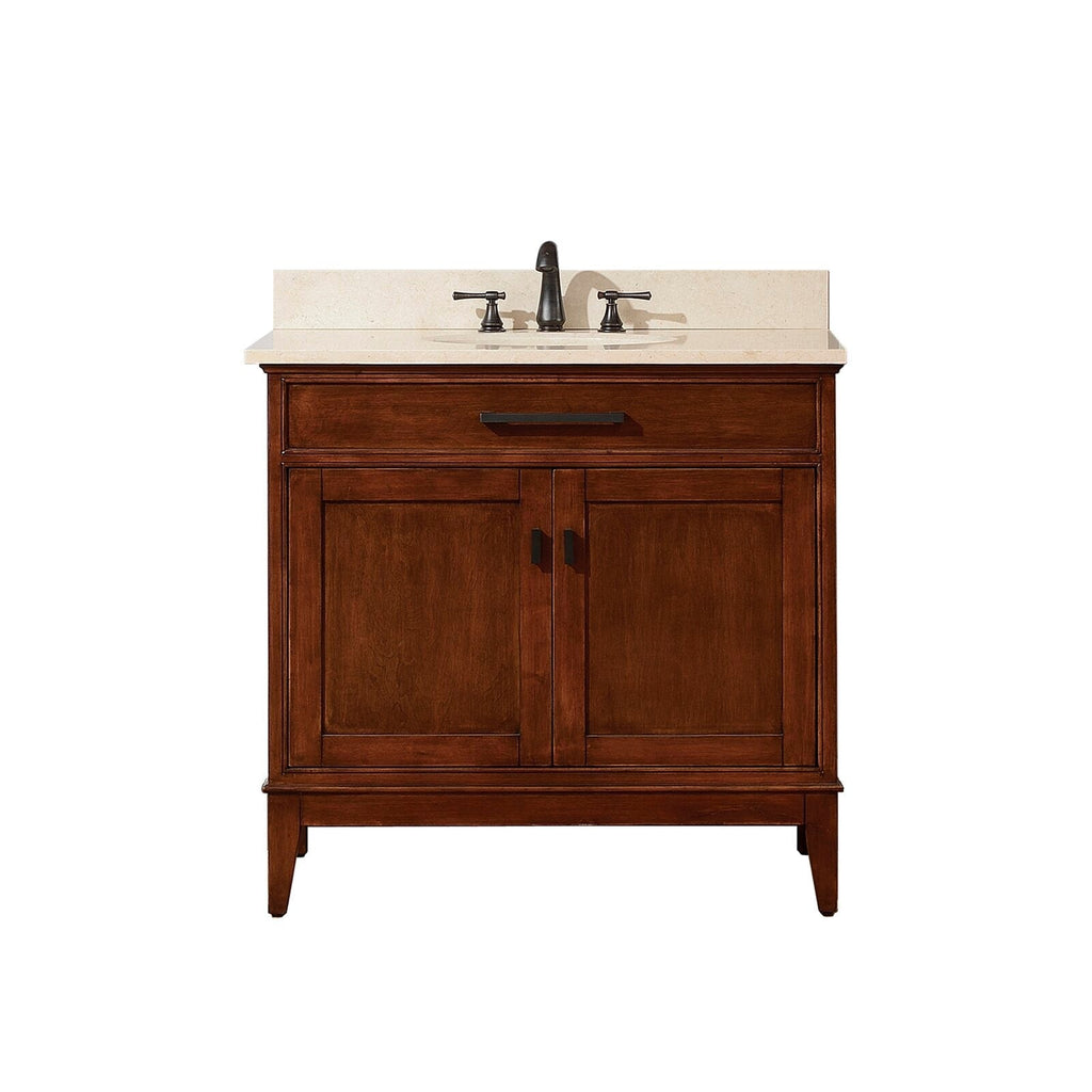 Front view of a freestanding 37-inch solid wood bathroom vanity in rich brown with a light stone marble top, single ceramic sink, oil-rubbed bronze faucet and hardware, one drawer and two-door storage.