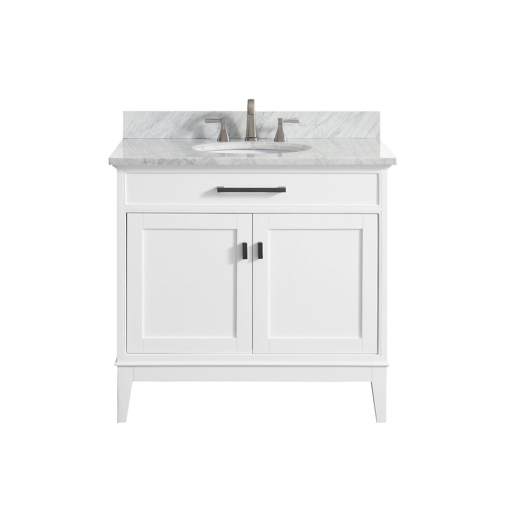 Front view of a 37-inch freestanding modern bathroom vanity with stone marble top and oval undermount sink, white solid wood cabinet with a top drawer and two doors, matte black handles and brushed nickel faucet.