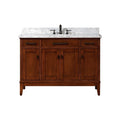 49-inch single-sink freestanding bathroom vanity in warm tobacco solid wood with a white marble top and integrated ceramic basin, dark metal handles and oil-rubbed bronze faucet, shaker-style doors and tapered legs.