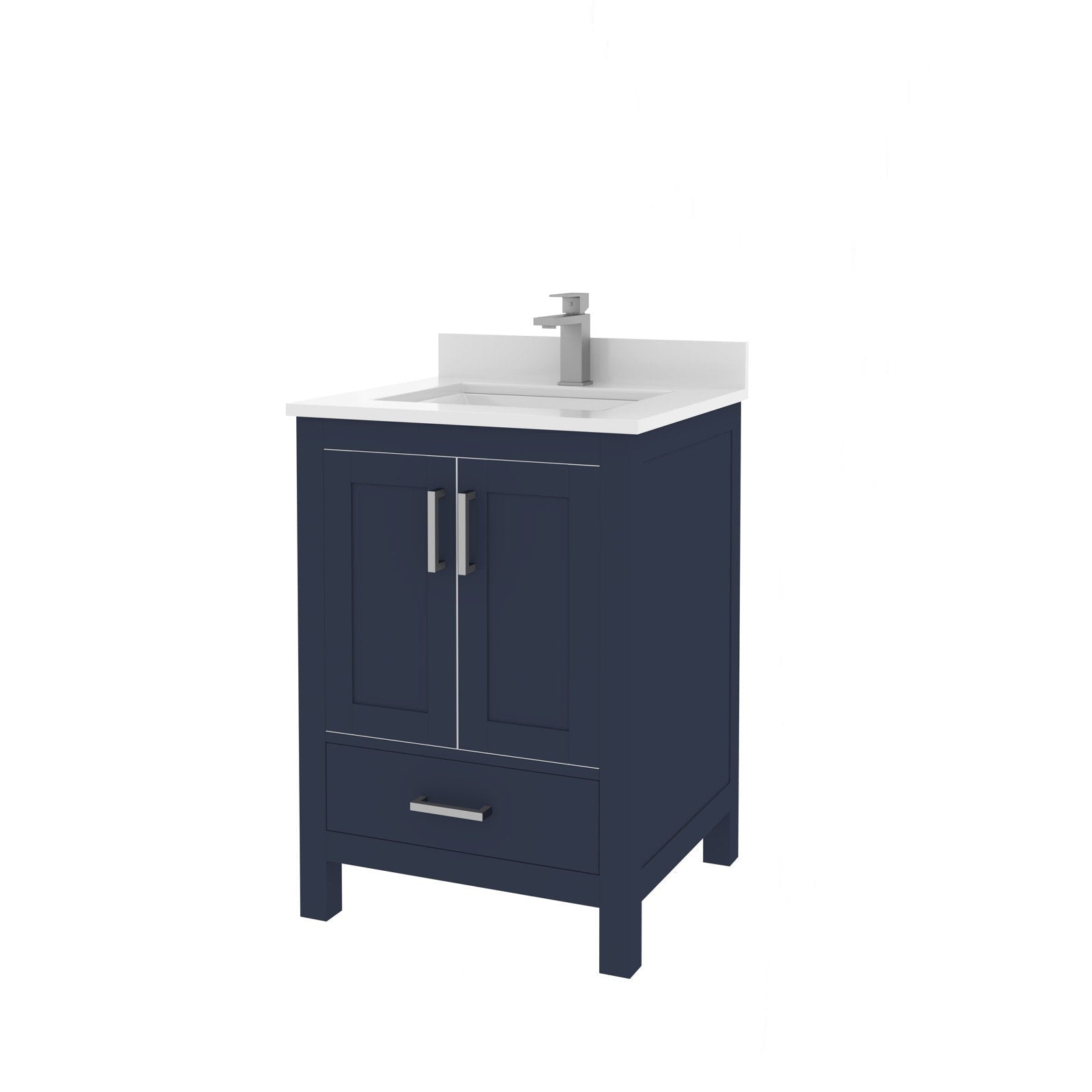 Freestanding navy solid-wood 24-inch bathroom vanity with white stone countertop and integrated rectangular ceramic sink, single modern chrome faucet, shaker doors and lower storage drawer with brushed metal handles.
