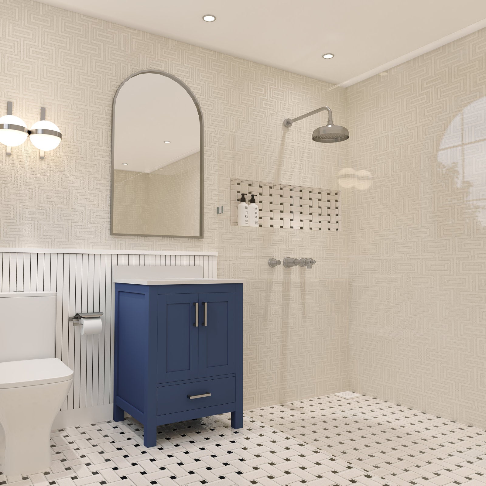 Freestanding blue solid wood 24-inch bathroom vanity with stone countertop and single ceramic sink, pictured in a modern bathroom with arched mirror, wall sconce, showerhead, toilet, and black-and-white mosaic tile floor.