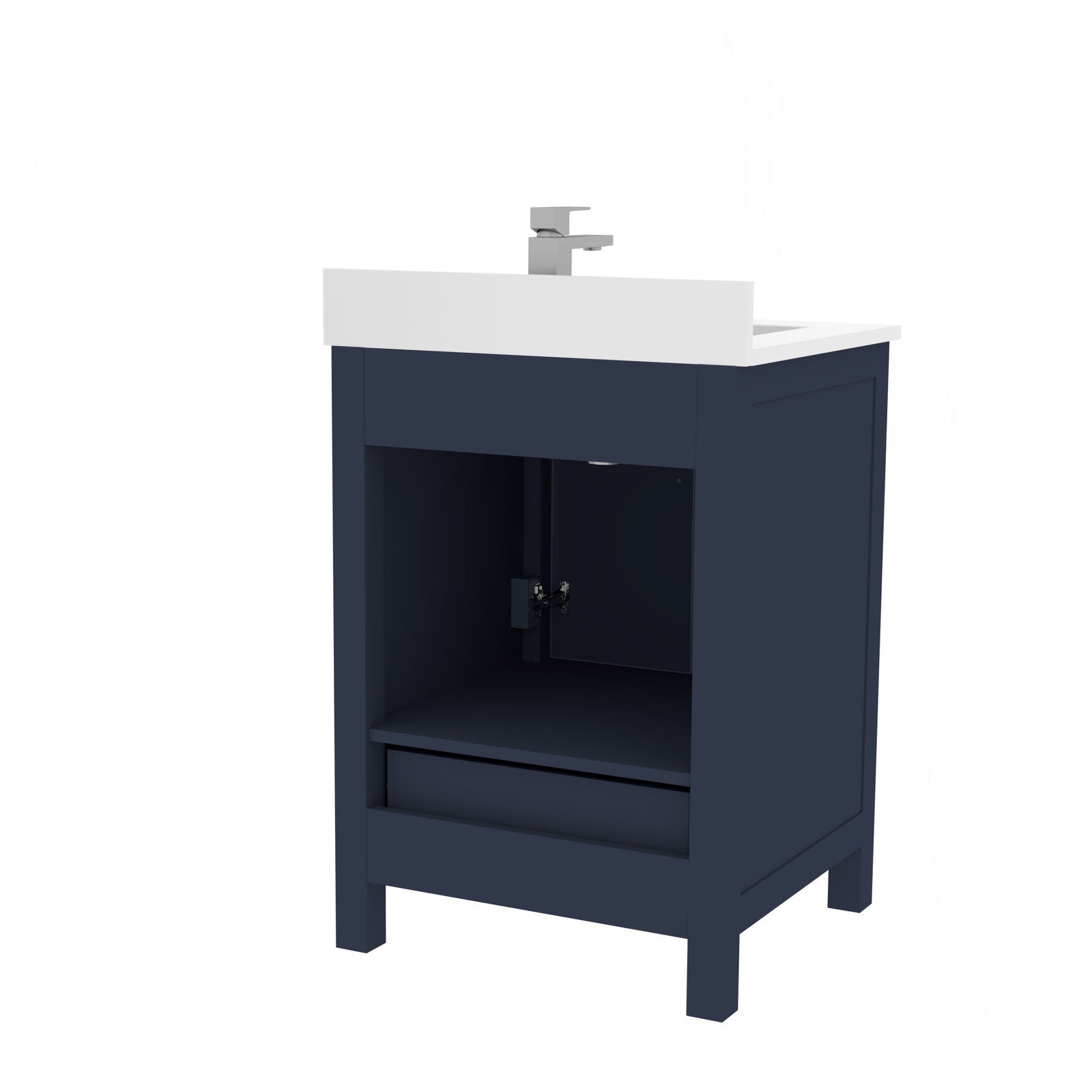 Modern 24-inch solid wood single-sink bathroom vanity with a white stone top, navy-blue painted cabinet, open storage compartment, lower drawer and a chrome single-handle faucet.