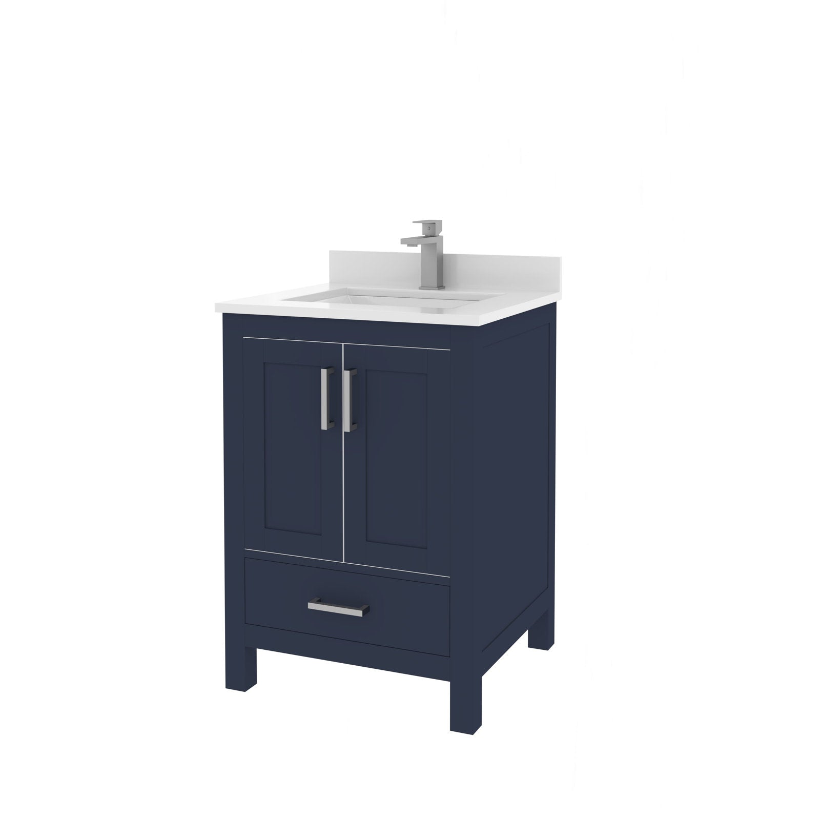 Freestanding navy solid-wood 24-inch bathroom vanity with white stone countertop and integrated rectangular ceramic sink, single modern chrome faucet, shaker doors and lower storage drawer with brushed metal handles.
