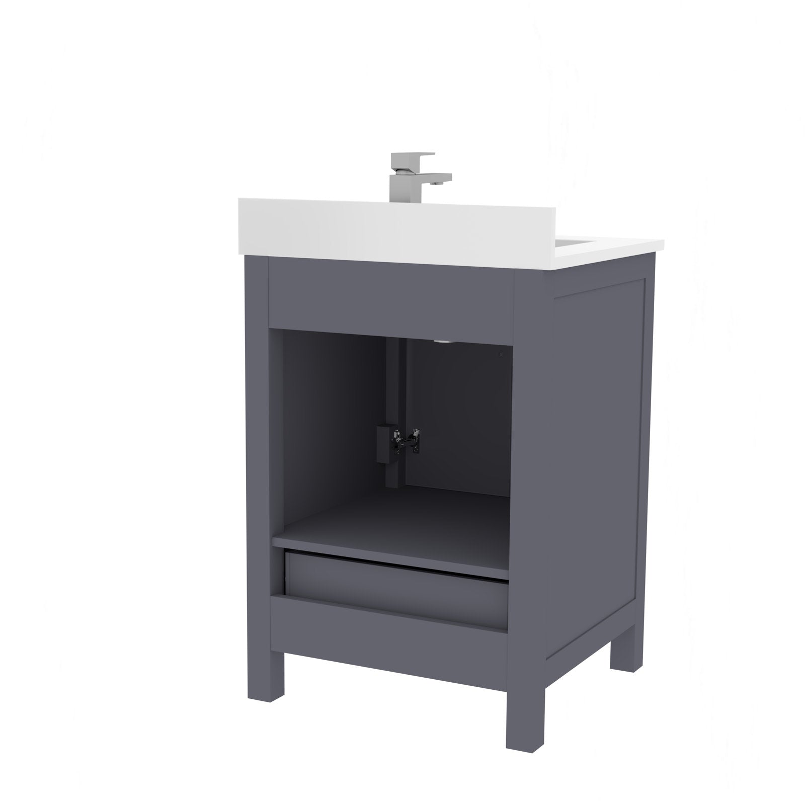 Freestanding 24-inch modern solid wood bathroom vanity in stone finish with a white stone top and integrated ceramic sink, open storage cavity and bottom drawer, shown with a chrome single-handle faucet.